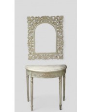 Console demi-lune bois massif hêtre avec miroir couleur beige patine dorée